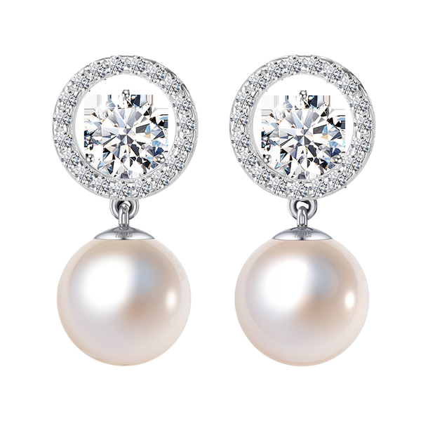 A pair of sterling silver drop earrings with a round pearl dangling from a halo of American diamonds, shown on a white background.