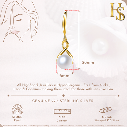 Infinity Gold Pearl Drop Earrings in 925 Sterling Silver in 18k Gold Finish