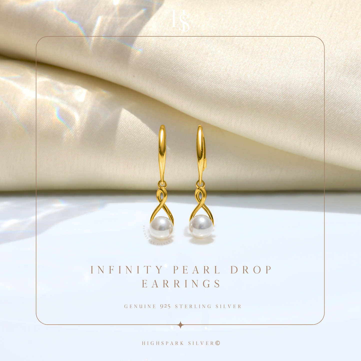 Infinity Gold Pearl Drop Earrings in 925 Sterling Silver in 18k Gold Finish