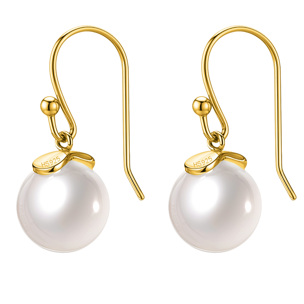A pair of gold-plated hook earrings with a round white pearl drop, shown on a plain white background.