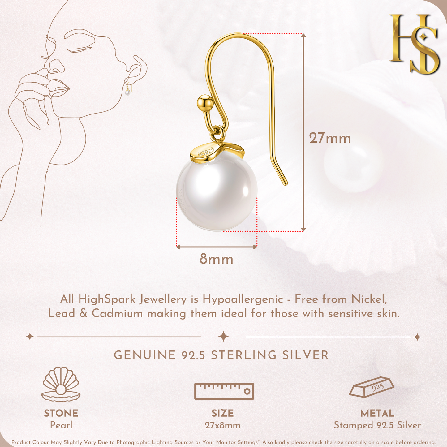Stylish Gold Pearl Hook Earrings in 925 Sterling Silver For Women in 18k Gold Finish