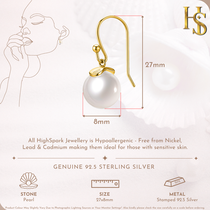 Stylish Gold Pearl Hook Earrings in 925 Sterling Silver For Women in 18k Gold Finish