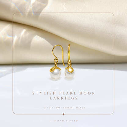 Stylish Gold Pearl Hook Earrings in 925 Sterling Silver For Women in 18k Gold Finish