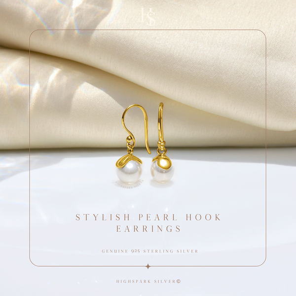 Stylish Gold Pearl Hook Earrings in 925 Sterling Silver For Women in 18k Gold Finish
