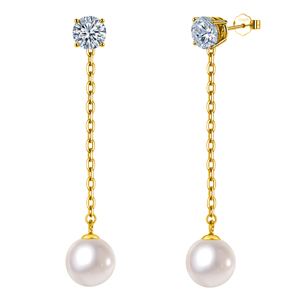 Gold-plated drop earrings with a four-prong American diamond stud, a chain, and a round pearl drop, shown on a white background.