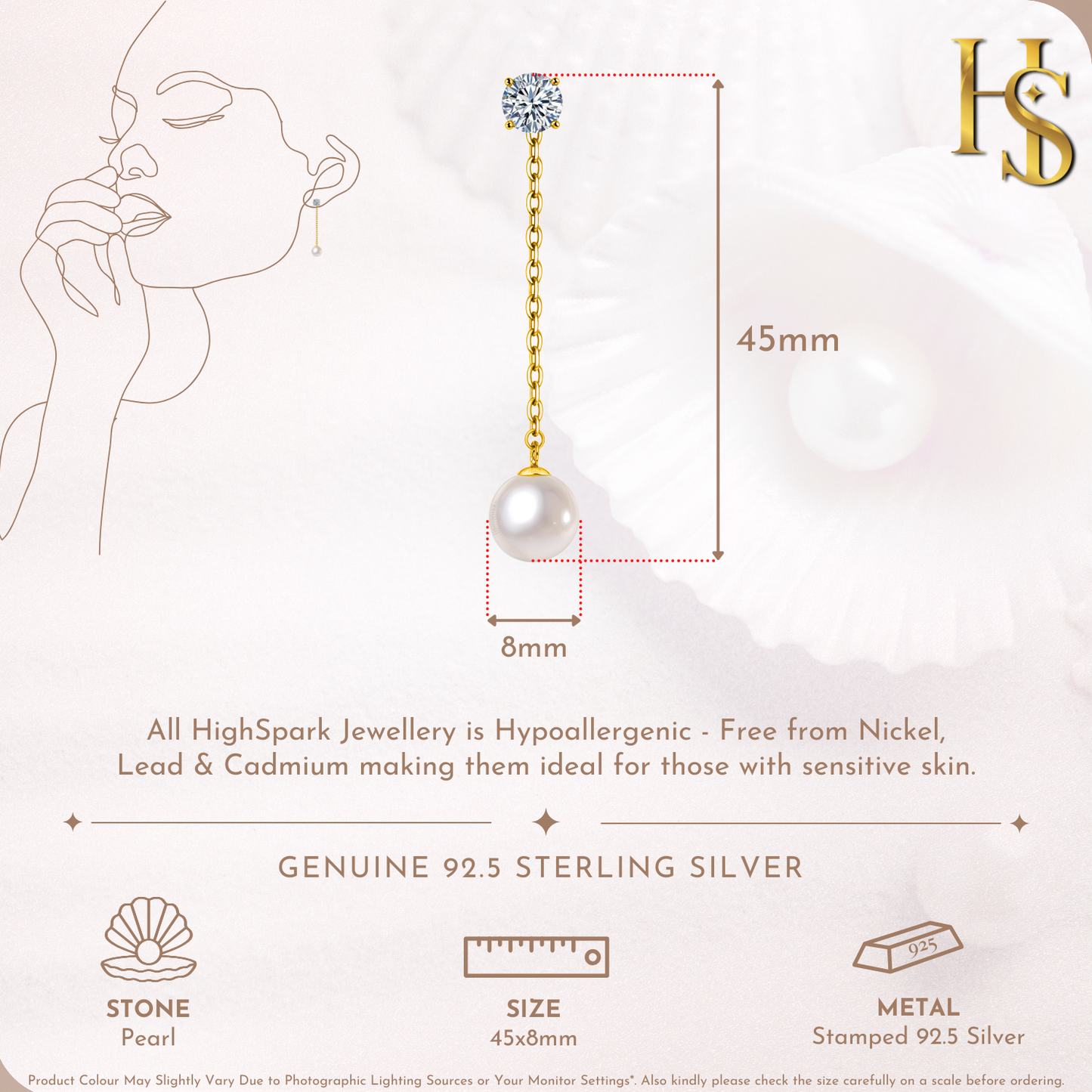 Petite Pearl Solitaire Drop Earrings in 925 Sterling Silver With 18k Gold Finish For Women