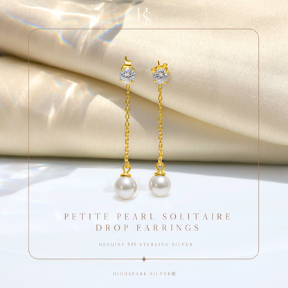 Petite Pearl Solitaire Drop Earrings in 925 Sterling Silver With 18k Gold Finish For Women
