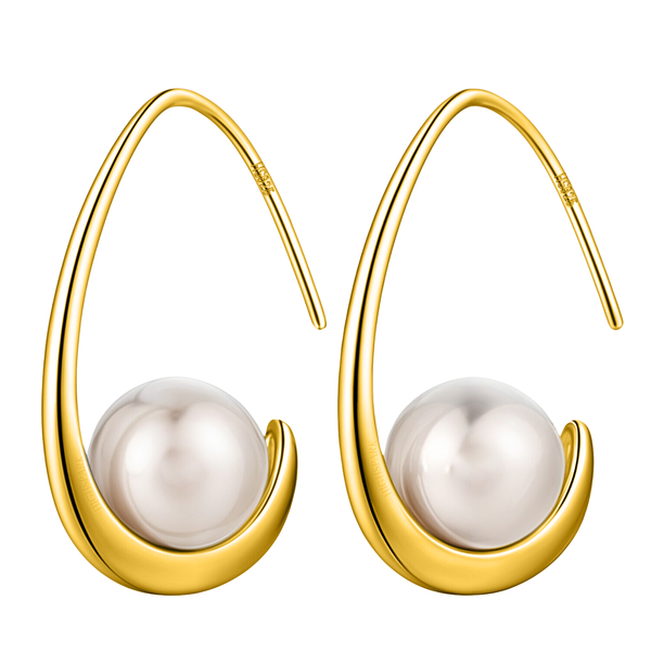 A pair of gold-plated drop earrings with an open teardrop frame that cradles a single white pearl, shown on a white background.