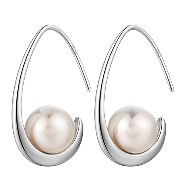 A pair of sterling silver earrings feature a lustrous round pearl nested in a polished.