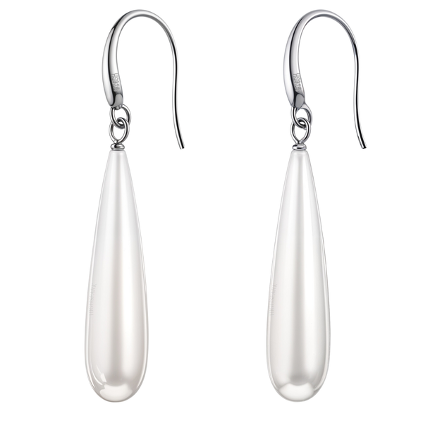 A pair of dangle earrings with long, teardrop-shaped white pearls on sterling silver fish hooks, shown on a white background.