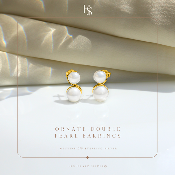 Ornate Double Pearl Earring in 925 Sterling Silver with 18k Gold Finish For Women