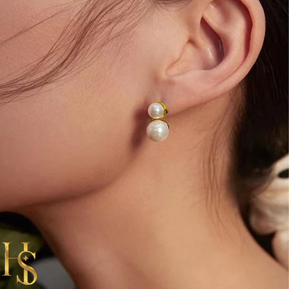 Ornate Double Pearl Earring in 925 Sterling Silver with 18k Gold Finish For Women