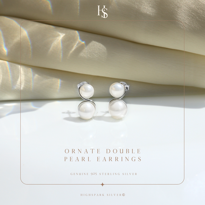 Ornate Double Pearl Earrings in 92.5 Sterling Silver for Women