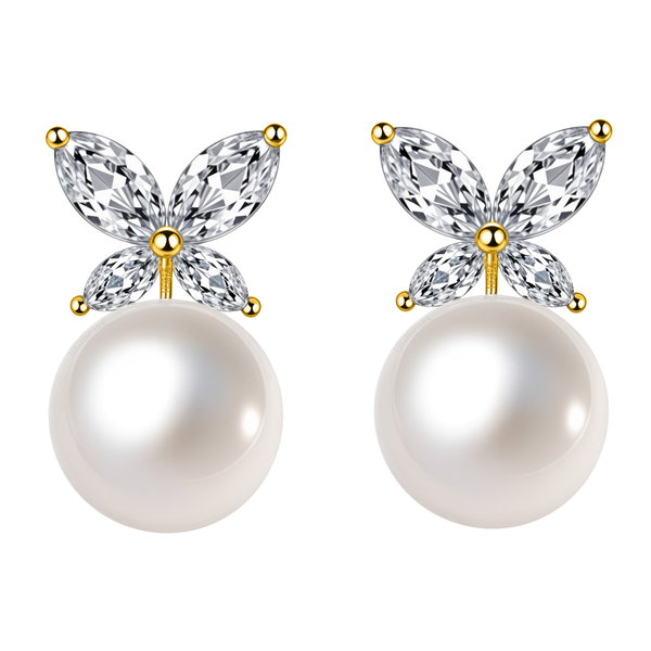 A pair of gold-plated stud earrings with a butterfly motif made of marquise-cut American diamonds and a large white pearl drop.