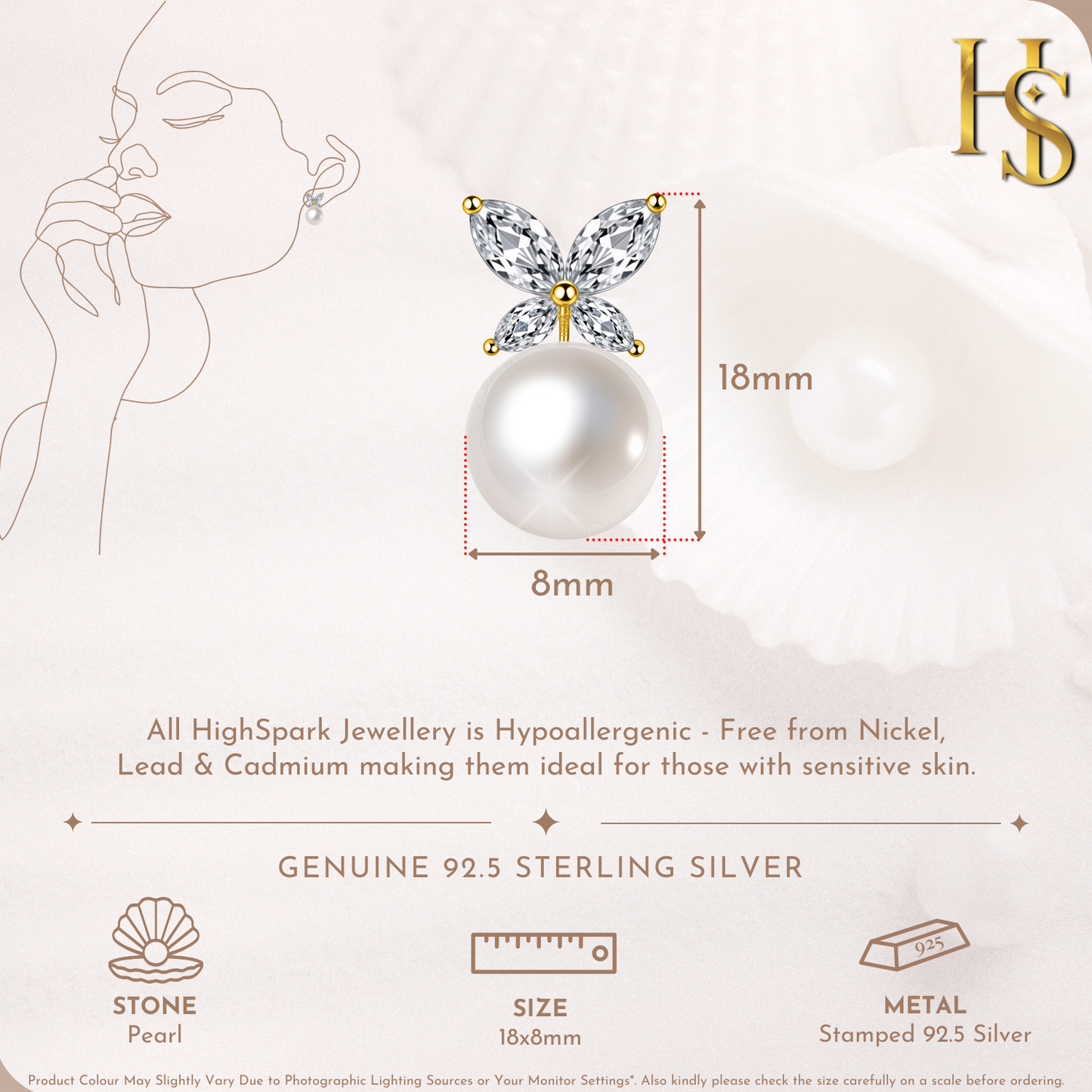 Butterfly Pearl Earrings in 925 Sterling Silver with 18k Gold Finish For Women