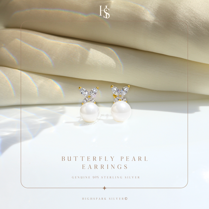 Butterfly Pearl Earrings in 925 Sterling Silver with 18k Gold Finish For Women