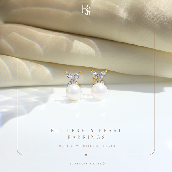 Butterfly Pearl Earrings in 925 Sterling Silver with 18k Gold Finish For Women