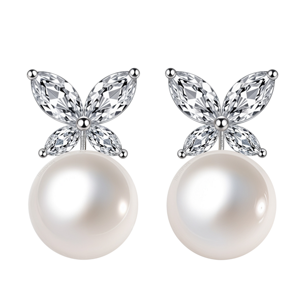 Sterling silver stud earrings with a butterfly motif made of four marquise-cut American diamonds above a large white pearl.