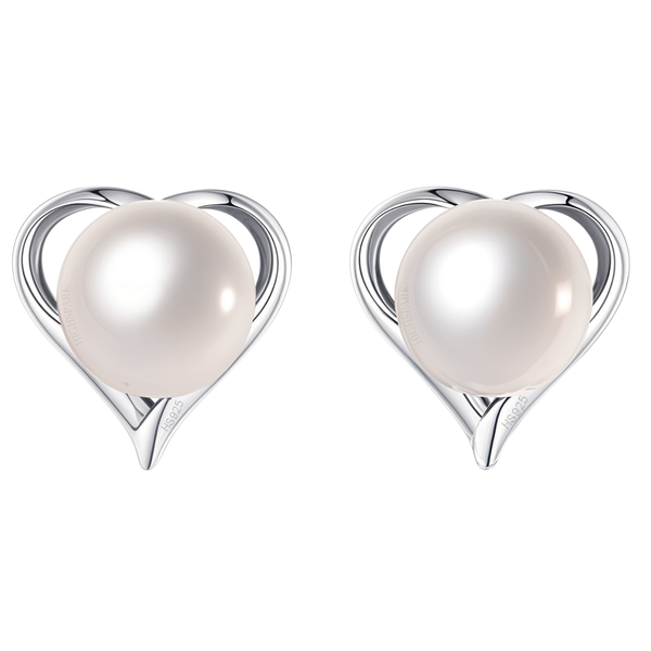 A pair of stud earrings with a round white pearl held in an open heart-shaped frame of sterling silver, shown on a white background.