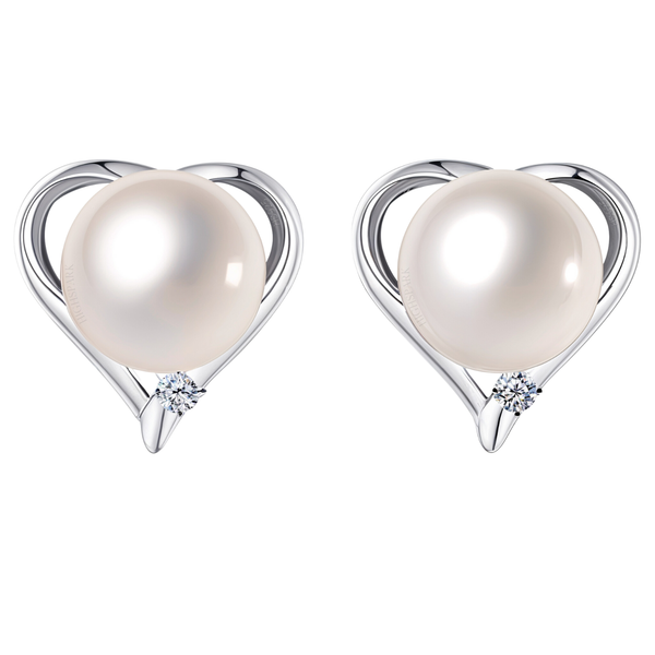 A pair of heart-shaped stud earrings in sterling silver, each featuring a large white pearl and a single prong-set American diamond.
