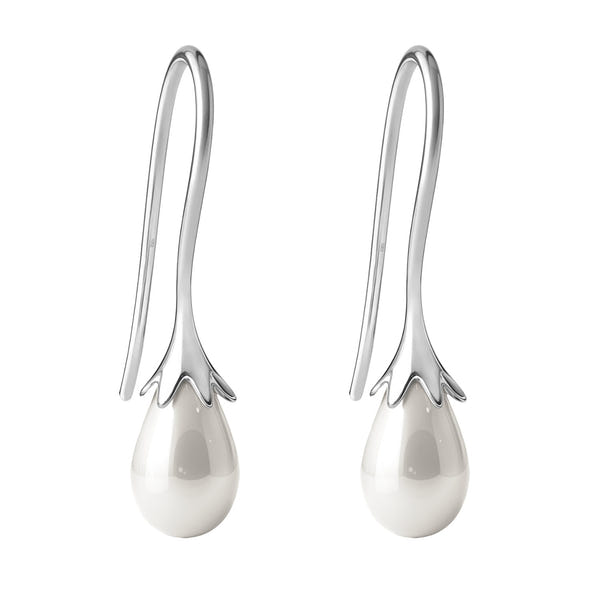 A pair of Tinkerbell-inspired drop earrings with teardrop pearls set in polished sterling silver, shown against a white background.