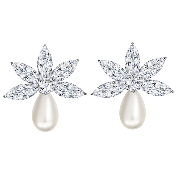 A pair of sterling silver stud earrings with marquise-cut American diamonds in a floral shape and a teardrop pearl drop on a white.