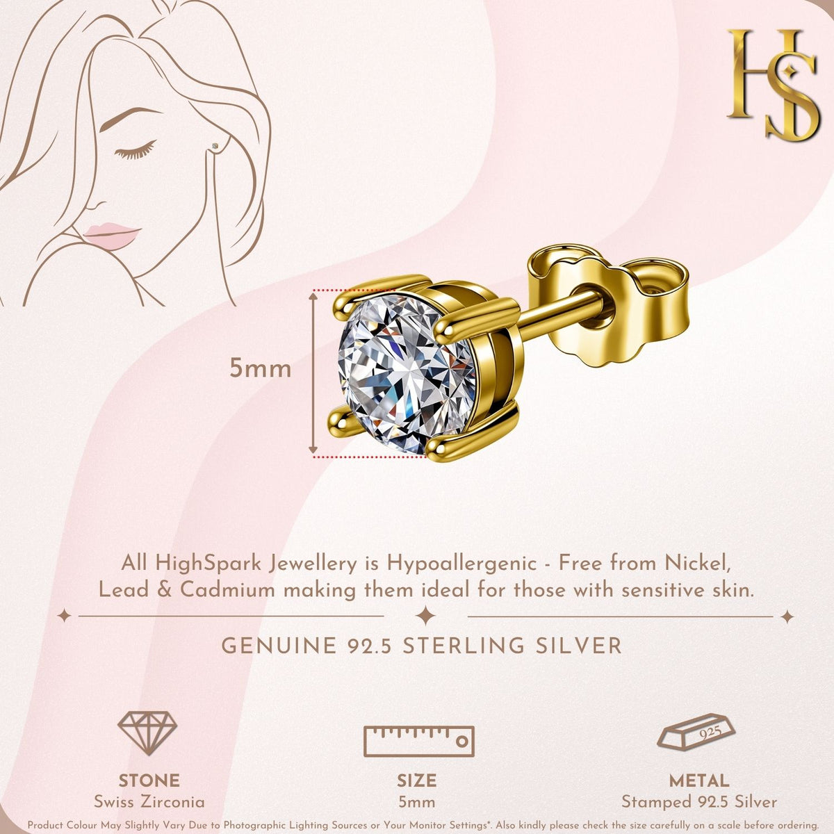 Gold-Plated Solitaire Stud Earrings in 925 Sterling Silver