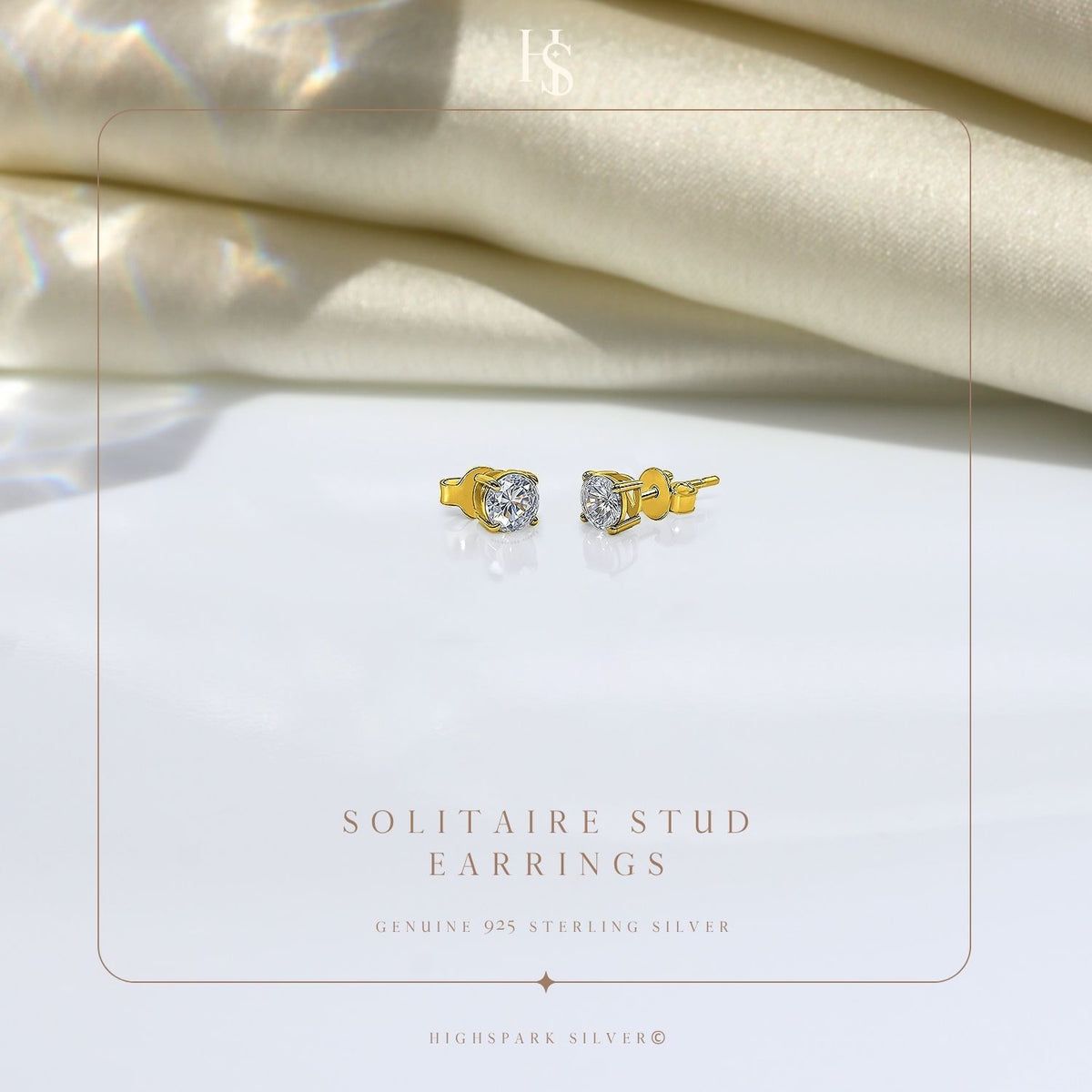 Gold-Plated Solitaire Stud Earrings in 925 Sterling Silver