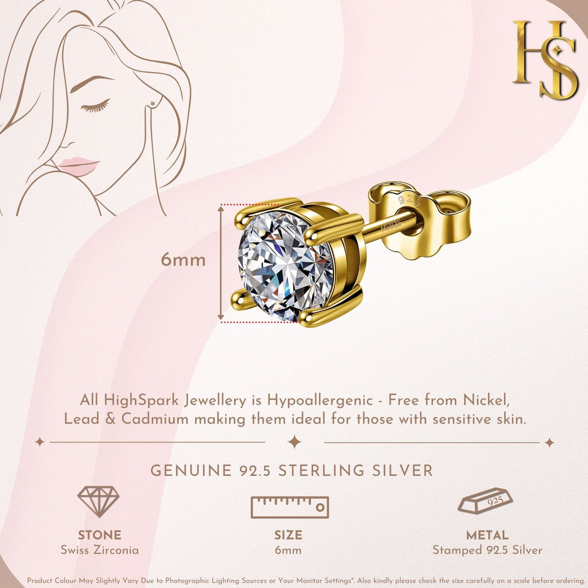 Gold-Plated Solitaire Stud Earrings in 925 Sterling Silver
