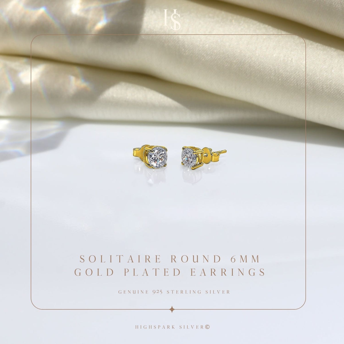 Gold-Plated Solitaire Stud Earrings in 925 Sterling Silver