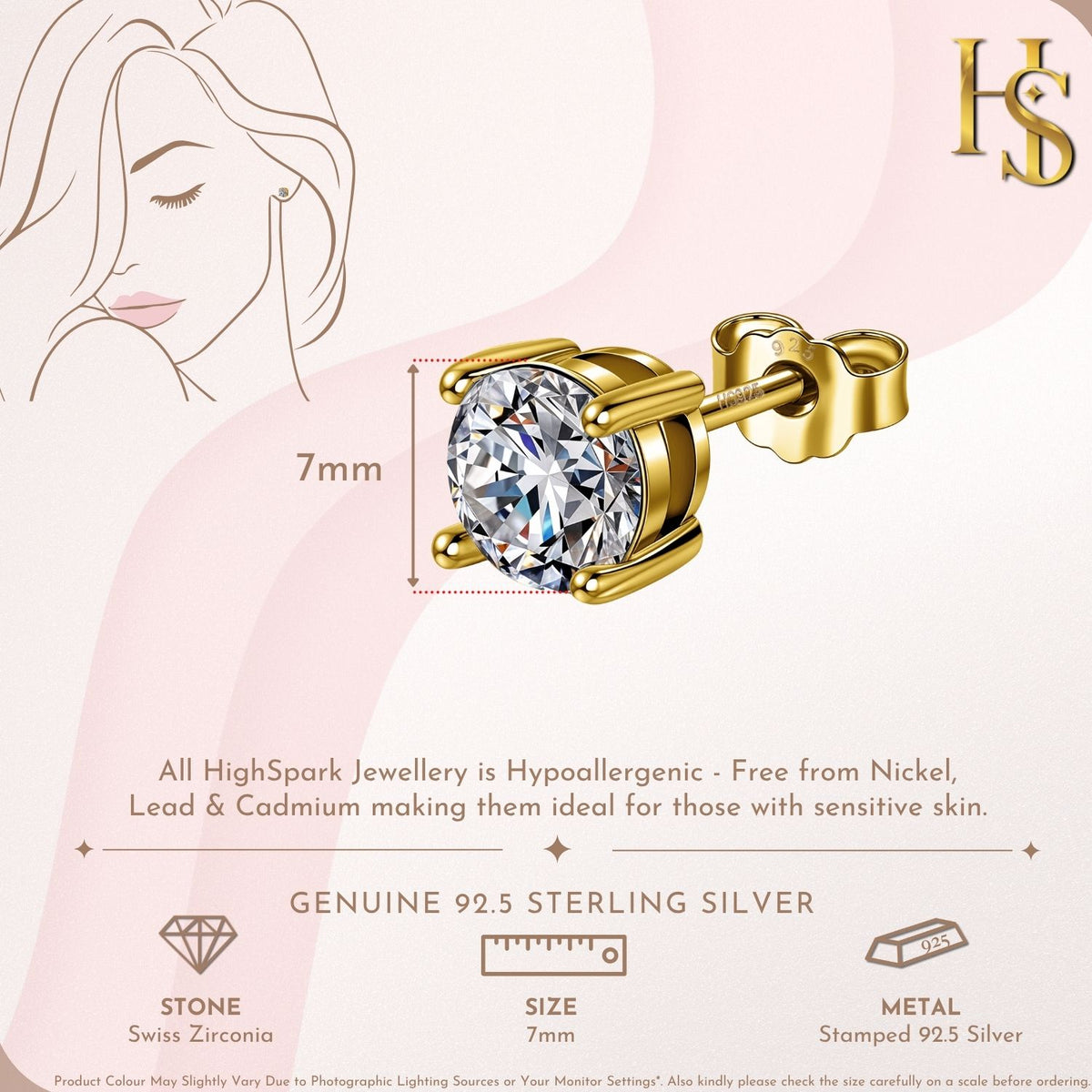 Gold-Plated Solitaire Stud Earrings in 925 Sterling Silver