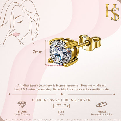 Gold-Plated Solitaire Stud Earrings in 925 Sterling Silver