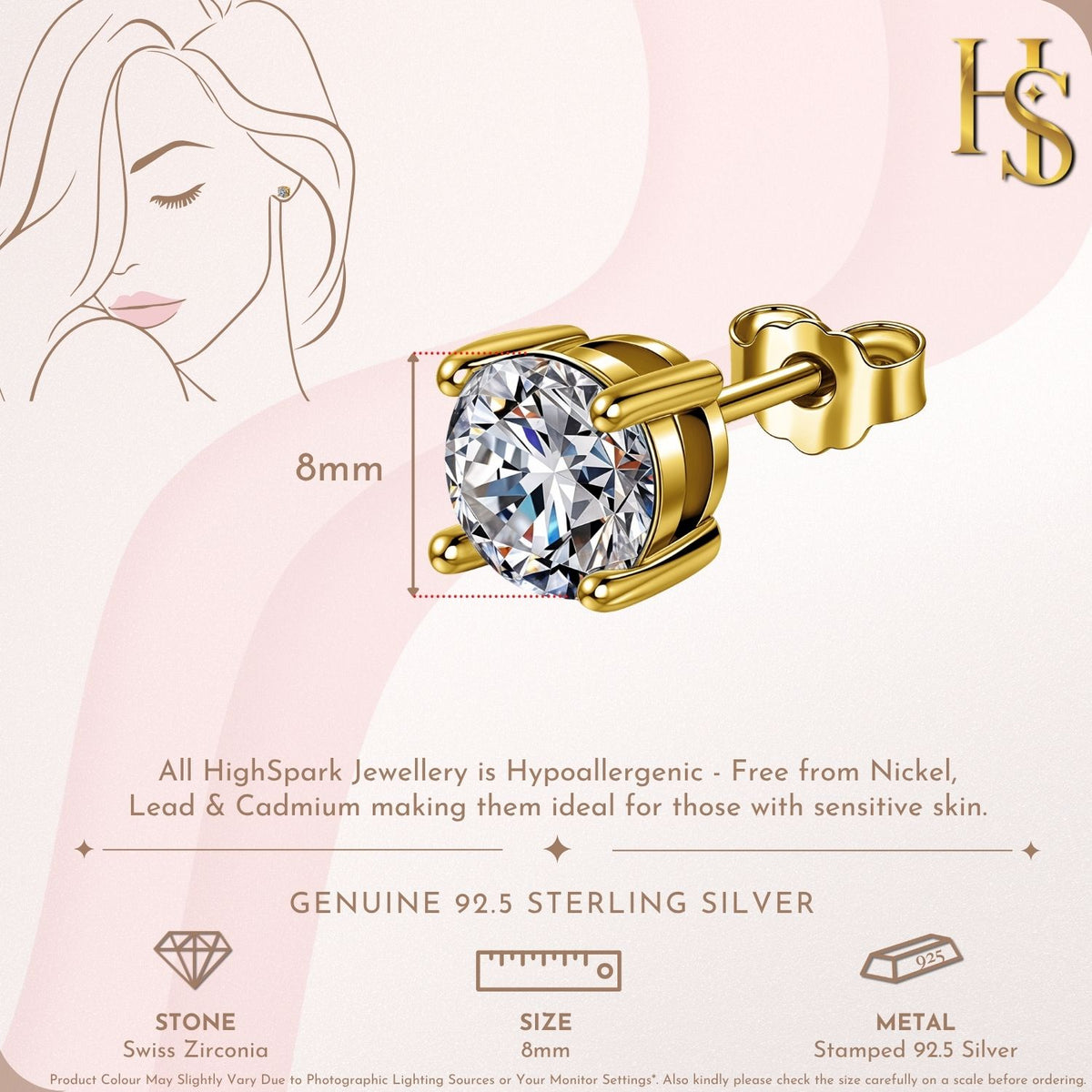 Gold-Plated Solitaire Stud Earrings in 925 Sterling Silver