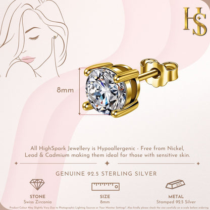 Gold-Plated Solitaire Stud Earrings in 925 Sterling Silver