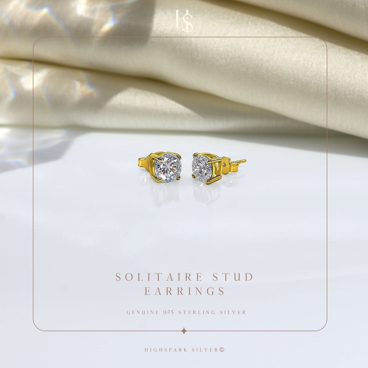 Gold-Plated Solitaire Stud Earrings in 925 Sterling Silver