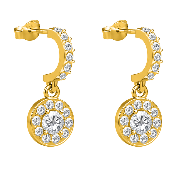 Gold-plated dangle stud earrings with a curved, stone-studded arc and a round halo charm with American diamonds on a white background.