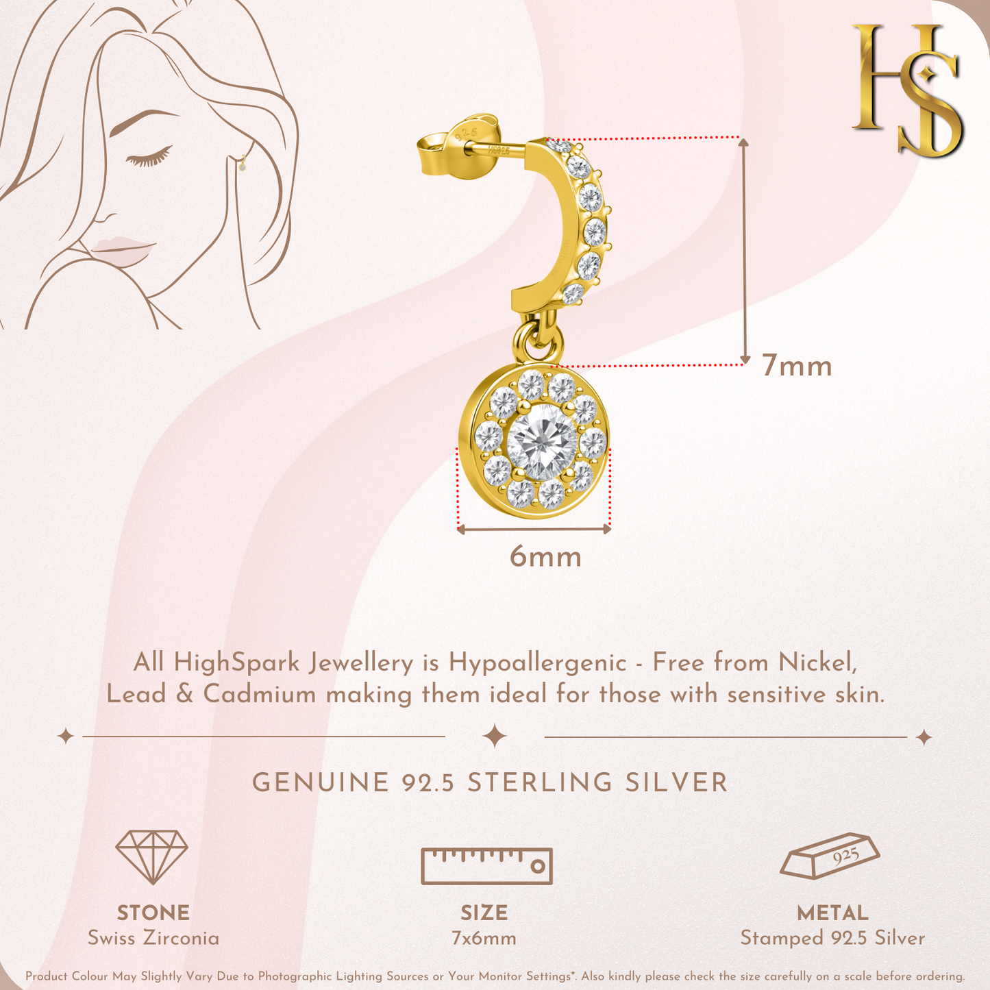 Dazling Dangle Arc Stud Earrings in 925 Sterling Silver with 18k Gold Finish For Women