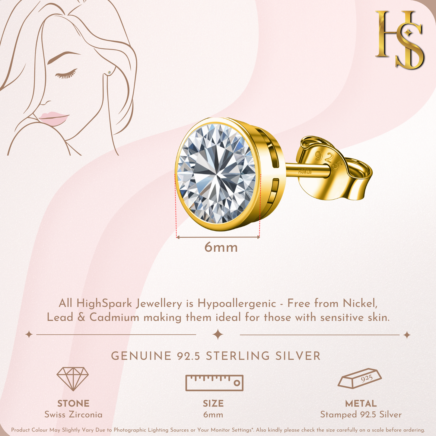Solitaire Casing Stud Earrings in 925 Sterling Silver with 18k Gold Finish For Women