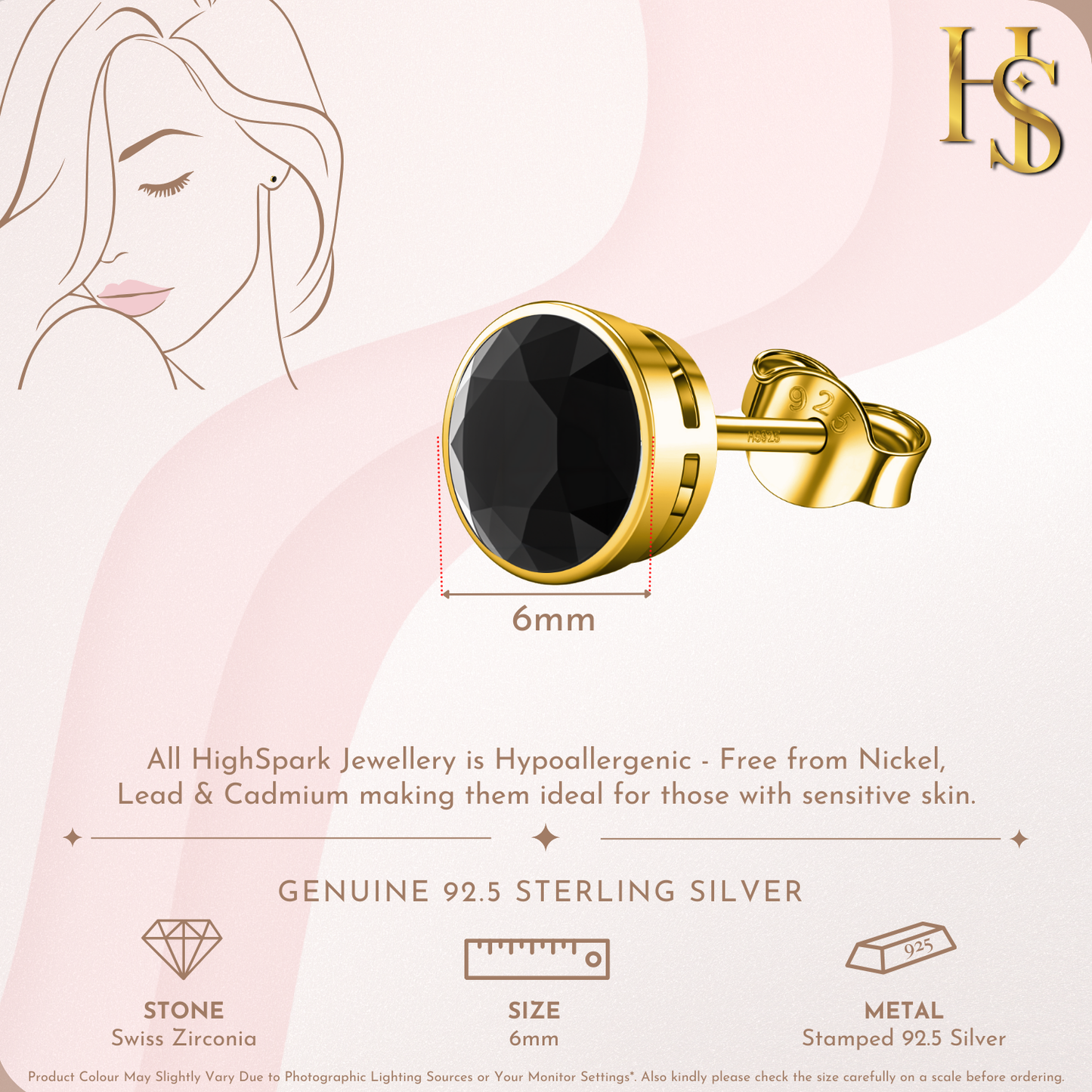 Black Solitaire Casing Stud Earrings in 925 Sterling Silver with 18k Gold Finish For Women