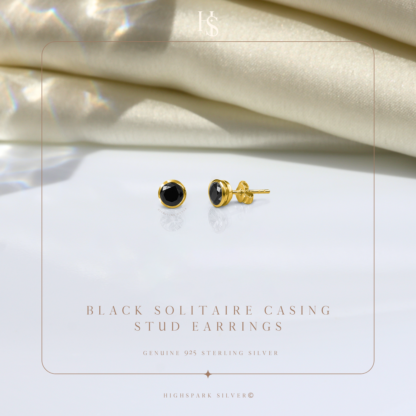 Black Solitaire Casing Stud Earrings in 925 Sterling Silver with 18k Gold Finish For Women