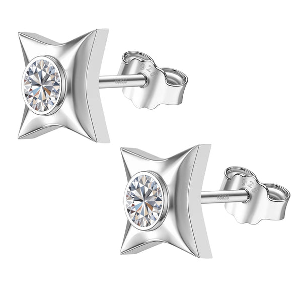 A pair of four-pointed star stud earrings with a central bezel-set American diamond, crafted in sterling silver on a white background.