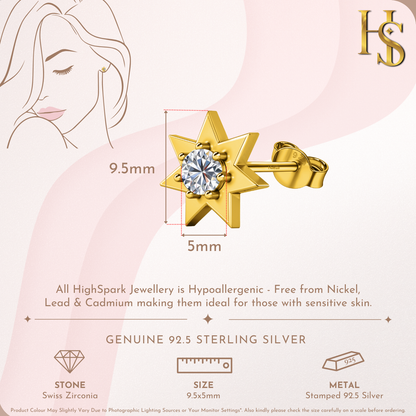 Fairy Star Solitaire Stud Earrings in 925 Sterling Silver with 18k Gold Finish For Women