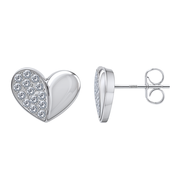 A pair of heart-shaped stud earrings in sterling silver, with one half polished plain and the other half pavé-set with American diamonds.