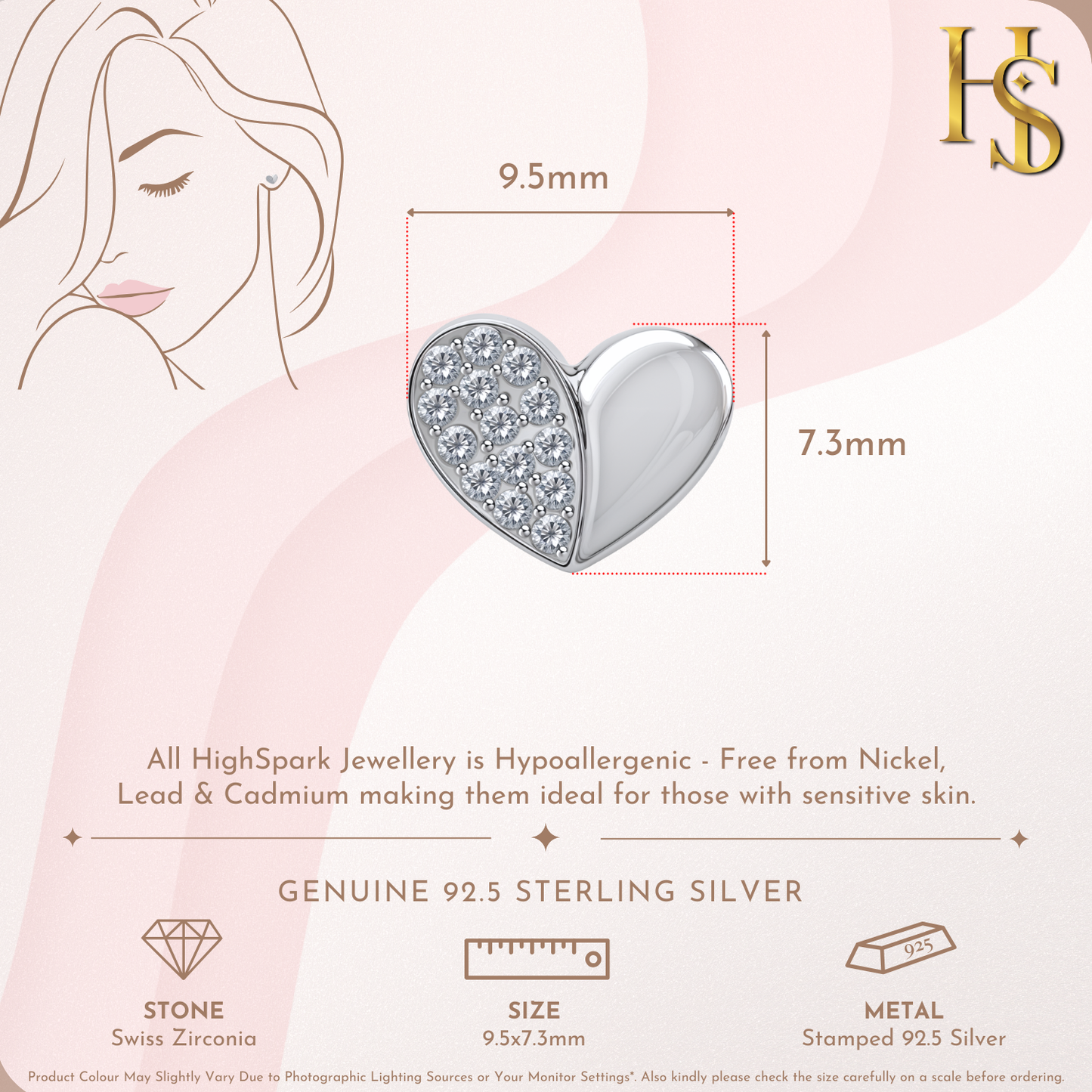 Half Studded Heart Earrings in 925 Sterling Silver For Women