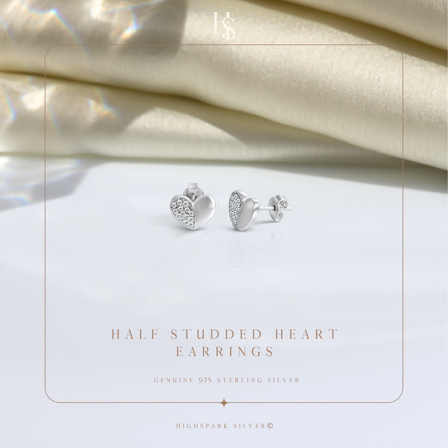 Half Studded Heart Earrings in 925 Sterling Silver For Women