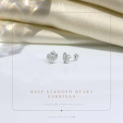 Half Studded Heart Earrings in 925 Sterling Silver For Women