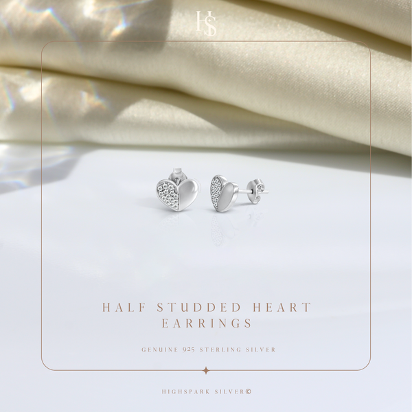 Half Studded Heart Earrings in 925 Sterling Silver For Women
