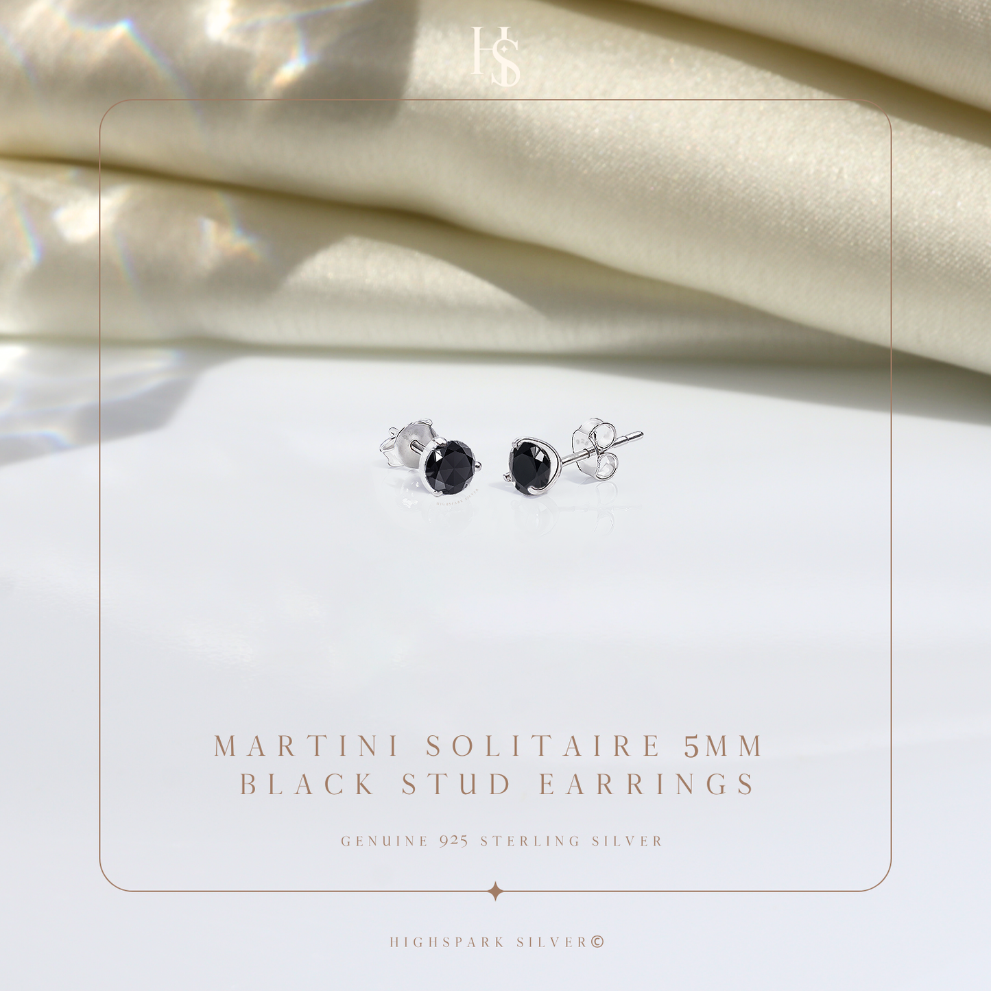 Martini Solitaire 5mm Black Stud Earring in 925 Sterling Silver For Women