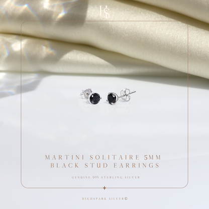 Martini Solitaire 5mm Black Stud Earring in 925 Sterling Silver For Women