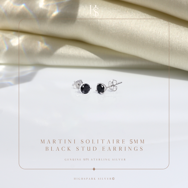Martini Solitaire 5mm Black Stud Earring in 925 Sterling Silver For Women